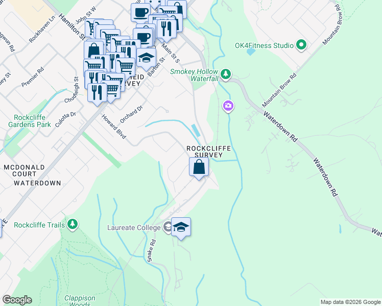 map of restaurants, bars, coffee shops, grocery stores, and more near 74 Thomson Drive in Hamilton