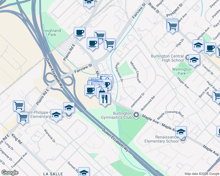 map of restaurants, bars, coffee shops, grocery stores, and more near in Burlington