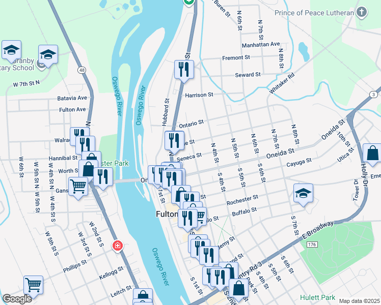 map of restaurants, bars, coffee shops, grocery stores, and more near 9 North 3rd Street in Fulton