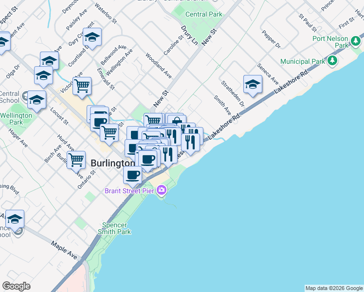 map of restaurants, bars, coffee shops, grocery stores, and more near 370 Martha Street in Burlington