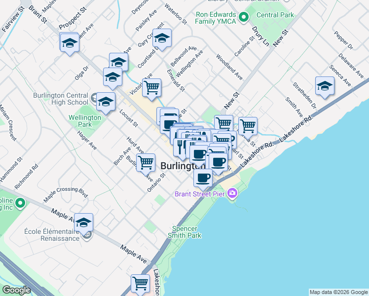 map of restaurants, bars, coffee shops, grocery stores, and more near 443 Brant Street in Burlington