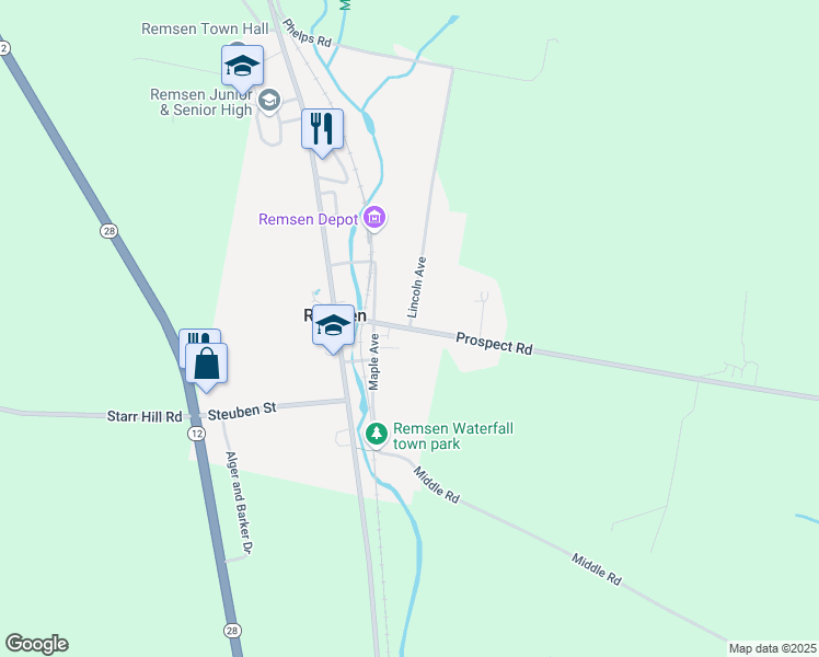 map of restaurants, bars, coffee shops, grocery stores, and more near Prospect Street in Remsen