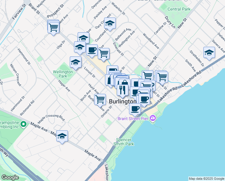 map of restaurants, bars, coffee shops, grocery stores, and more near 460 Brant Street in Burlington