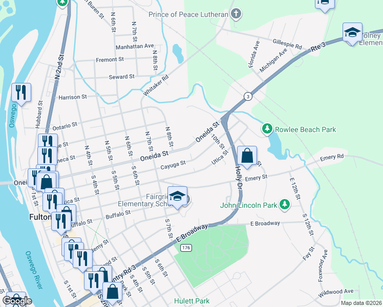 map of restaurants, bars, coffee shops, grocery stores, and more near 884 Cayuga Street in Fulton