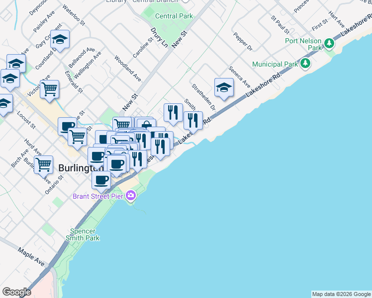 map of restaurants, bars, coffee shops, grocery stores, and more near 2122 Old Lakeshore Road in Burlington