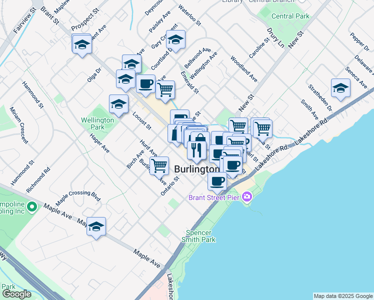 map of restaurants, bars, coffee shops, grocery stores, and more near 460 Brant Street in Burlington