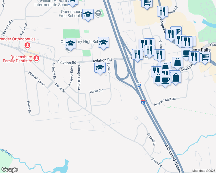 map of restaurants, bars, coffee shops, grocery stores, and more near 13 Burke Drive in Queensbury