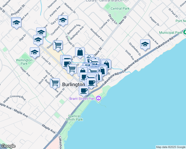 map of restaurants, bars, coffee shops, grocery stores, and more near 430 Pearl Street in Burlington