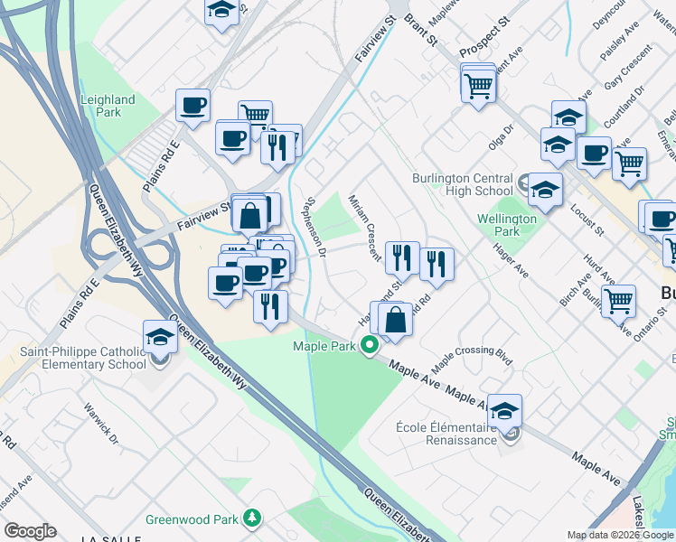 map of restaurants, bars, coffee shops, grocery stores, and more near 1262 Nathaniel Crescent in Burlington