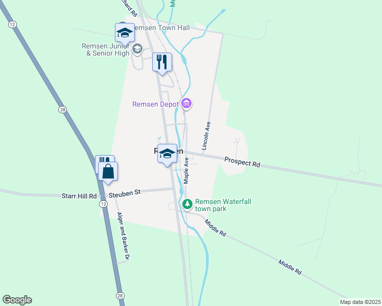 map of restaurants, bars, coffee shops, grocery stores, and more near Prospect Street in Remsen