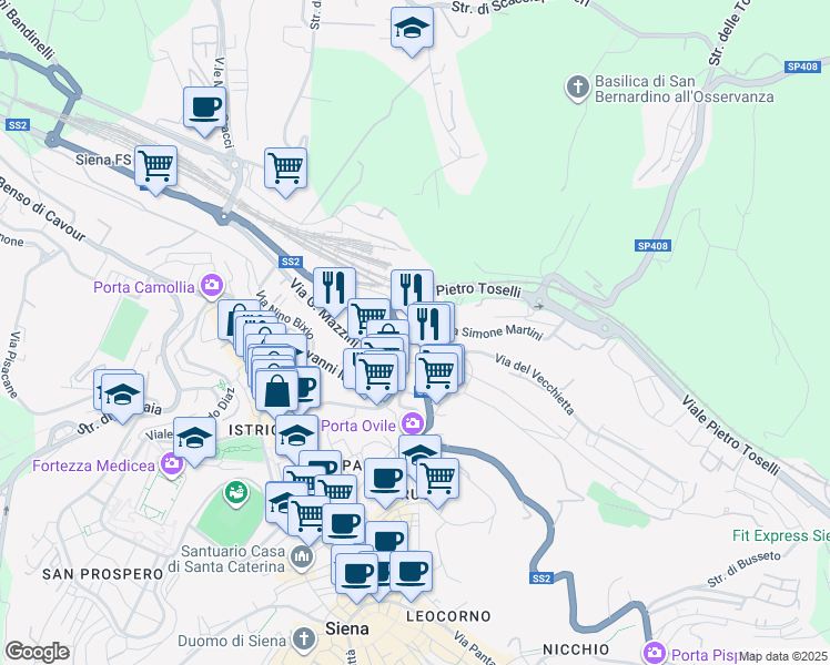 map of restaurants, bars, coffee shops, grocery stores, and more near 3 Viale Sardegna in Siena