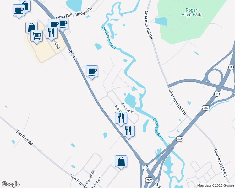 map of restaurants, bars, coffee shops, grocery stores, and more near 11 Tamarack Lane in Rochester