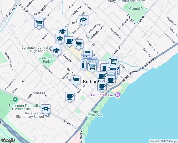 map of restaurants, bars, coffee shops, grocery stores, and more near 497 Brant Street in Burlington