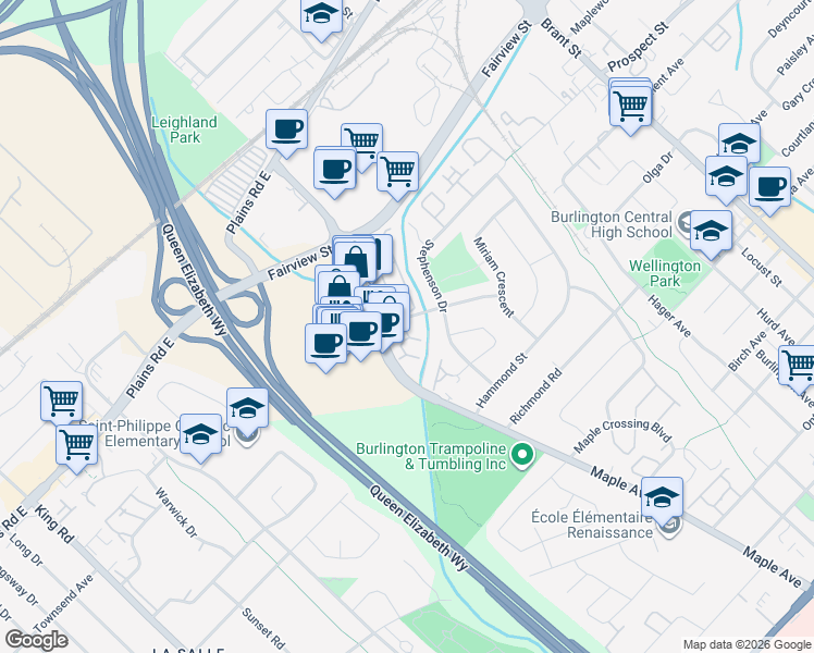 map of restaurants, bars, coffee shops, grocery stores, and more near 1210 Thorpe Road in Burlington