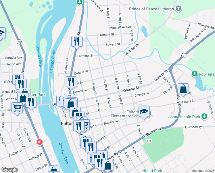 map of restaurants, bars, coffee shops, grocery stores, and more near 17 North 5th Street in Fulton