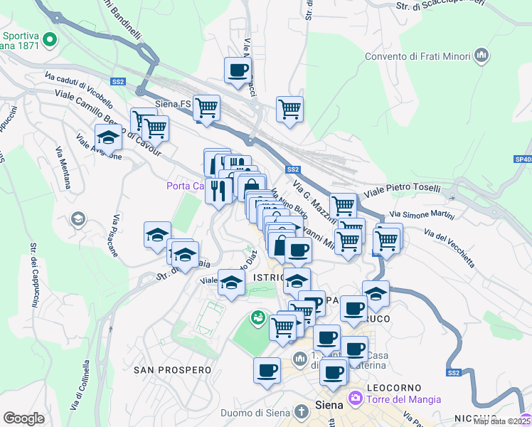 map of restaurants, bars, coffee shops, grocery stores, and more near Viale Don Giovanni Minzoni in Siena