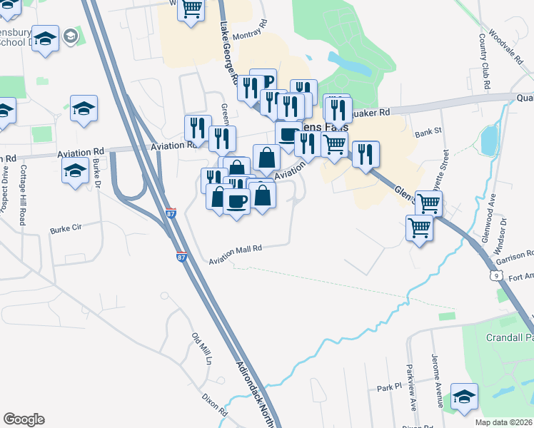 map of restaurants, bars, coffee shops, grocery stores, and more near 578 Aviation Road in Queensbury