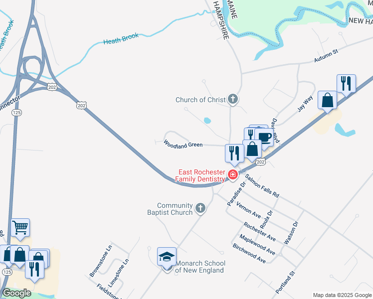 map of restaurants, bars, coffee shops, grocery stores, and more near 107 Woodland Green in Rochester