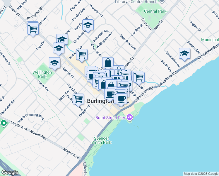 map of restaurants, bars, coffee shops, grocery stores, and more near 2051 James Street in Burlington