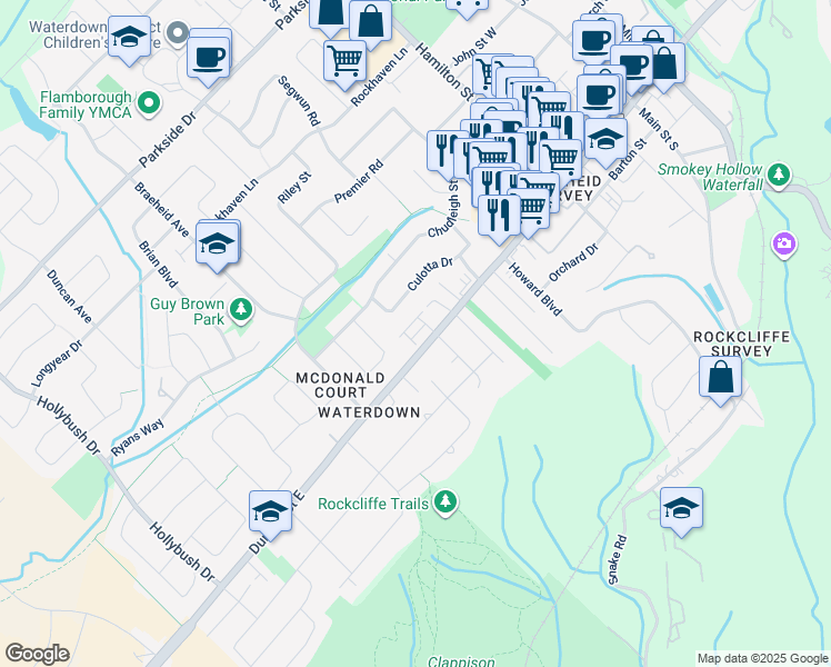 map of restaurants, bars, coffee shops, grocery stores, and more near 215 Dundas Street East in Hamilton