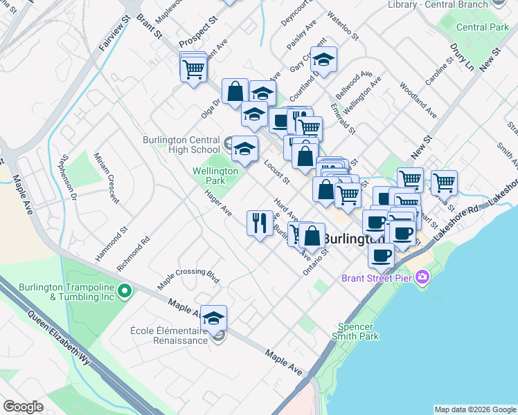 map of restaurants, bars, coffee shops, grocery stores, and more near 1390 Halifax Pl in Burlington