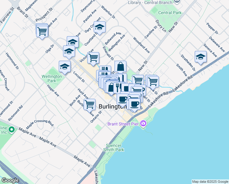 map of restaurants, bars, coffee shops, grocery stores, and more near in Burlington