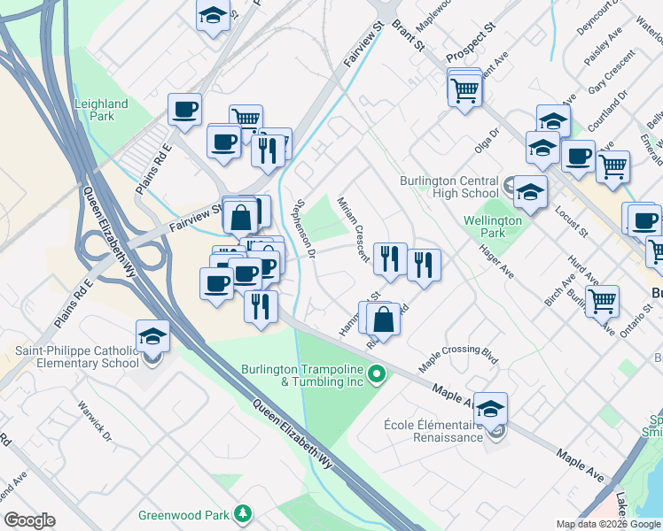 map of restaurants, bars, coffee shops, grocery stores, and more near 1262 Nathaniel Crescent in Burlington