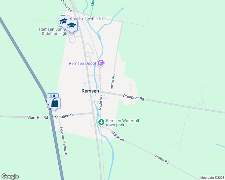 map of restaurants, bars, coffee shops, grocery stores, and more near 9620 Lincoln Ave in Remsen