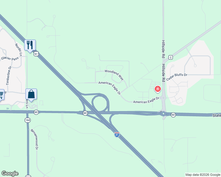 map of restaurants, bars, coffee shops, grocery stores, and more near 1798 American Eagle Drive in Slinger