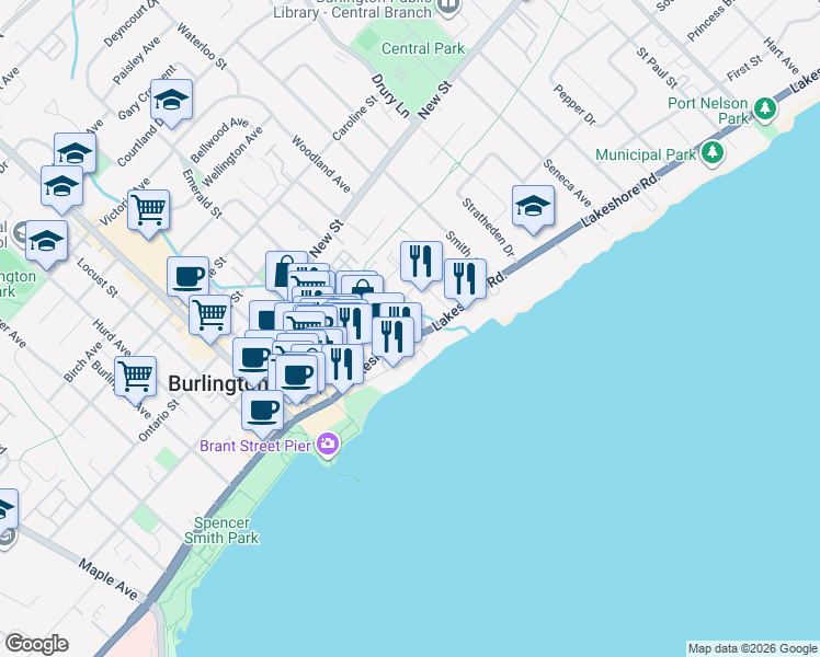 map of restaurants, bars, coffee shops, grocery stores, and more near in Burlington