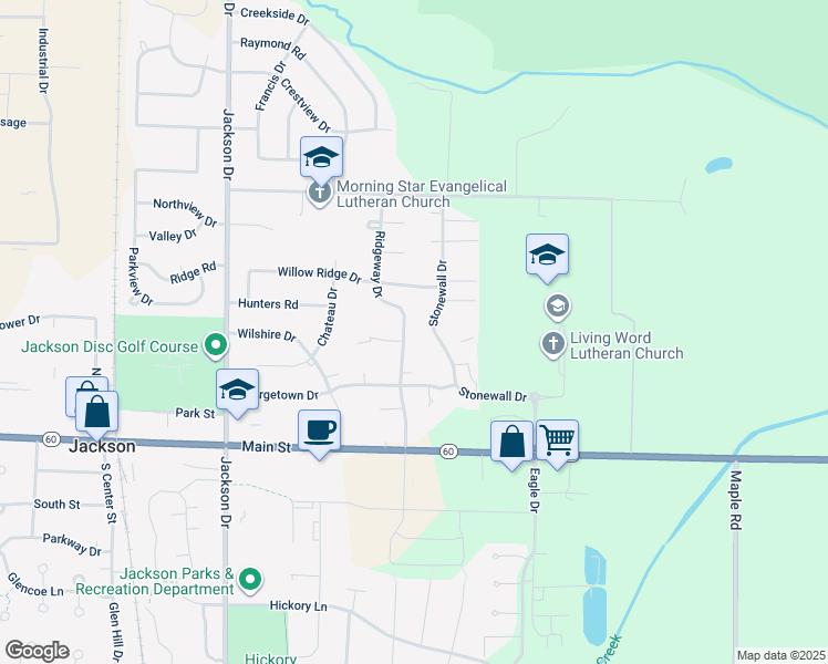 map of restaurants, bars, coffee shops, grocery stores, and more near W198N16994 Ridgeway Drive in Jackson