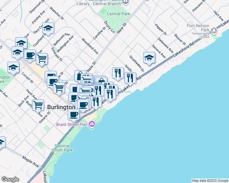 map of restaurants, bars, coffee shops, grocery stores, and more near 2121 Lakeshore Road in Burlington