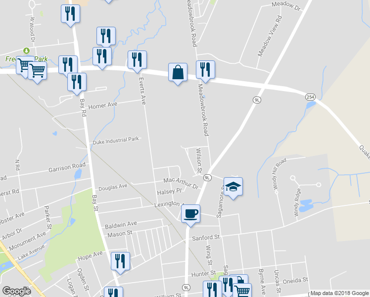 map of restaurants, bars, coffee shops, grocery stores, and more near 110 Sargent Street in Queensbury