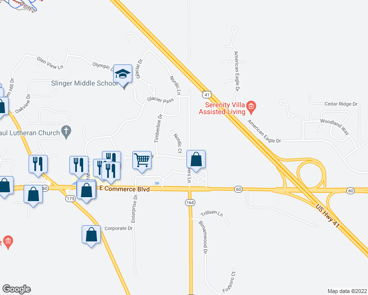map of restaurants, bars, coffee shops, grocery stores, and more near 564 Nordic Court in Slinger