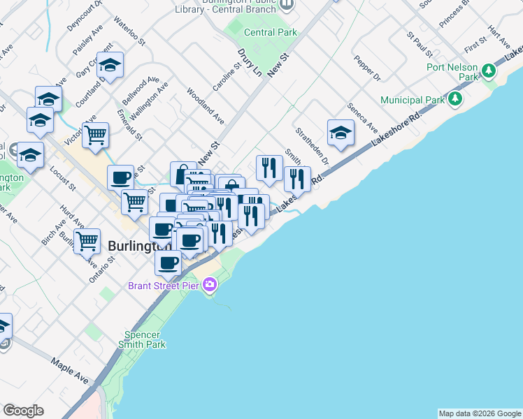 map of restaurants, bars, coffee shops, grocery stores, and more near in Burlington