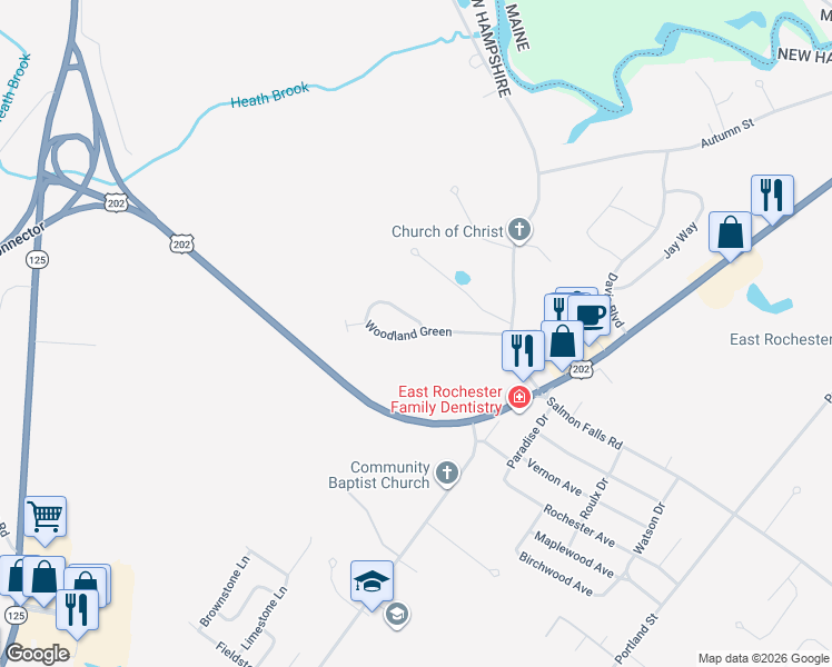 map of restaurants, bars, coffee shops, grocery stores, and more near 107 Woodland Green in Rochester