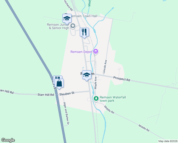 map of restaurants, bars, coffee shops, grocery stores, and more near 9632 Main Street in Remsen