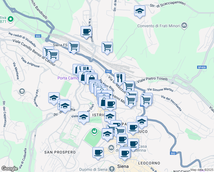 map of restaurants, bars, coffee shops, grocery stores, and more near Via Nino Bixio in Siena