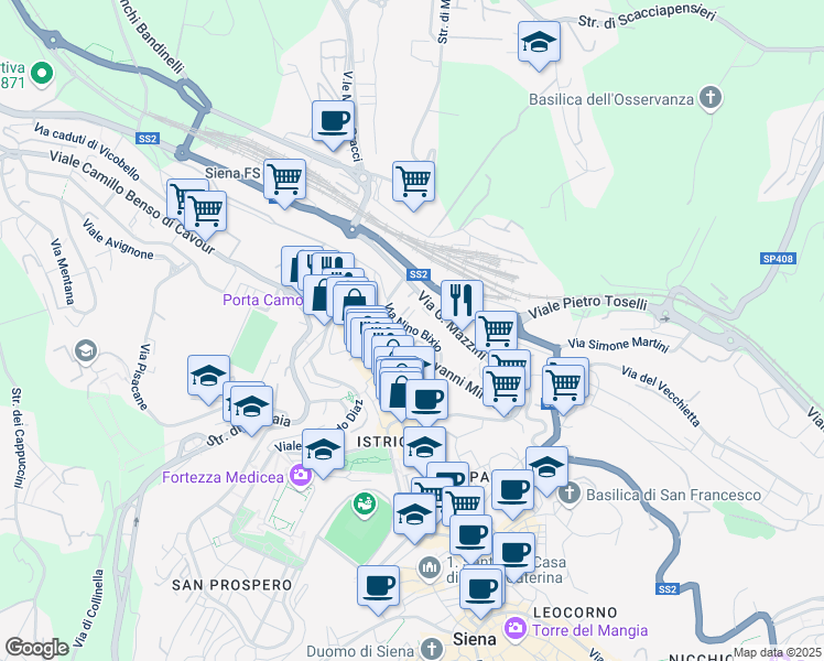 map of restaurants, bars, coffee shops, grocery stores, and more near Via Nino Bixio in Siena