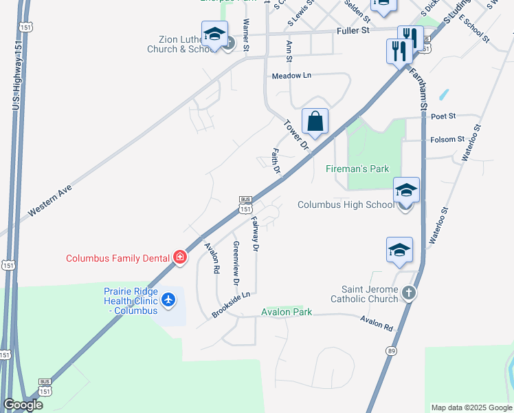 map of restaurants, bars, coffee shops, grocery stores, and more near 15 Parkview Circle in Columbus