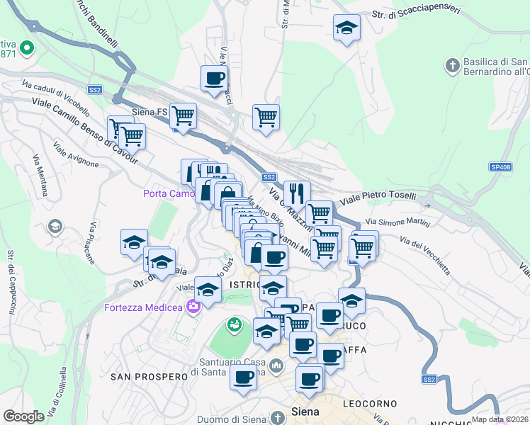 map of restaurants, bars, coffee shops, grocery stores, and more near Via Nino Bixio in Siena