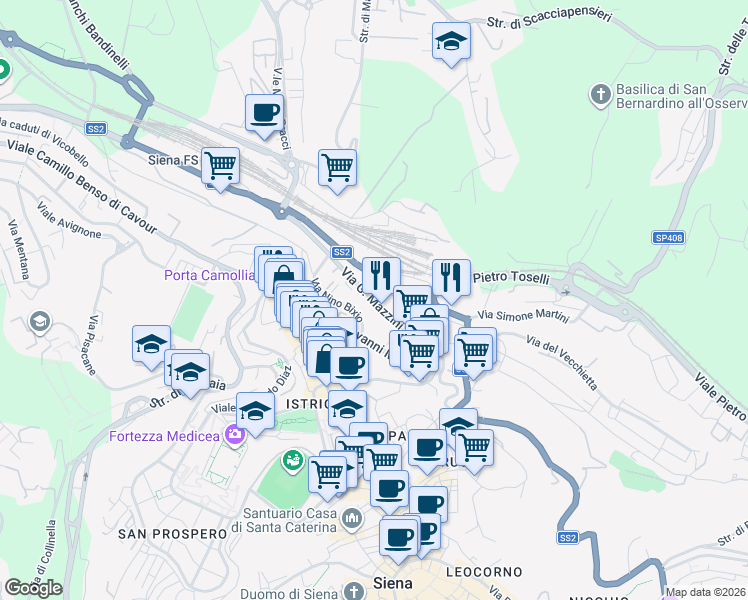 map of restaurants, bars, coffee shops, grocery stores, and more near 35 Viale Sardegna in Siena