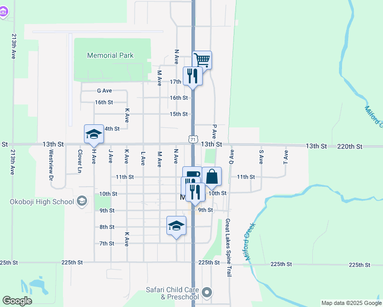 map of restaurants, bars, coffee shops, grocery stores, and more near 1100-1298 Okoboji Ave in Milford