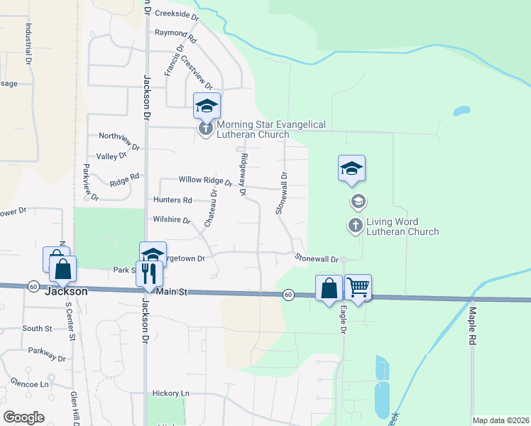 map of restaurants, bars, coffee shops, grocery stores, and more near W198N16994 Ridgeway Drive in Jackson