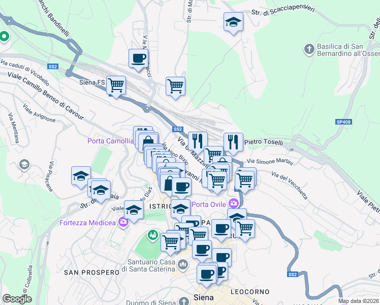 map of restaurants, bars, coffee shops, grocery stores, and more near 35 Viale Sardegna in Siena