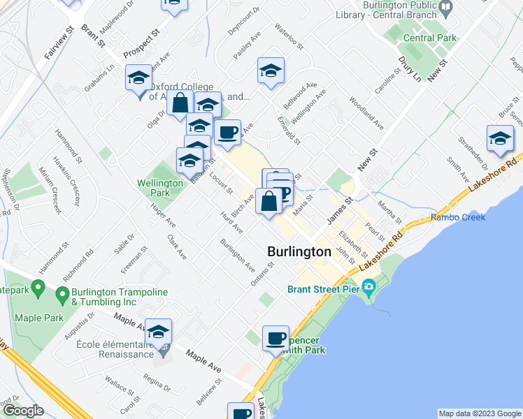 map of restaurants, bars, coffee shops, grocery stores, and more near 1461 Caroline Street in Burlington