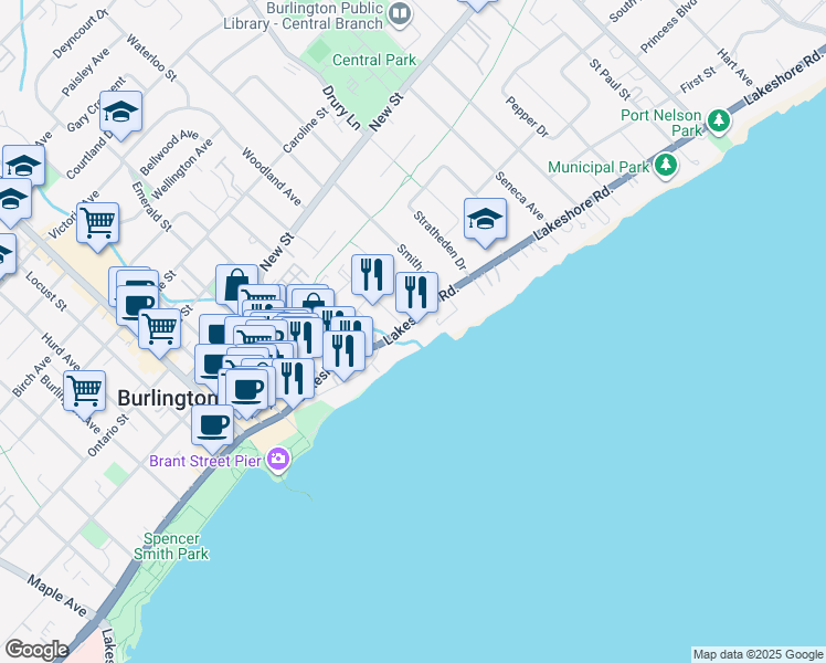 map of restaurants, bars, coffee shops, grocery stores, and more near in Burlington