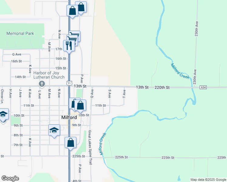 map of restaurants, bars, coffee shops, grocery stores, and more near 699-2228 13th St in Milford