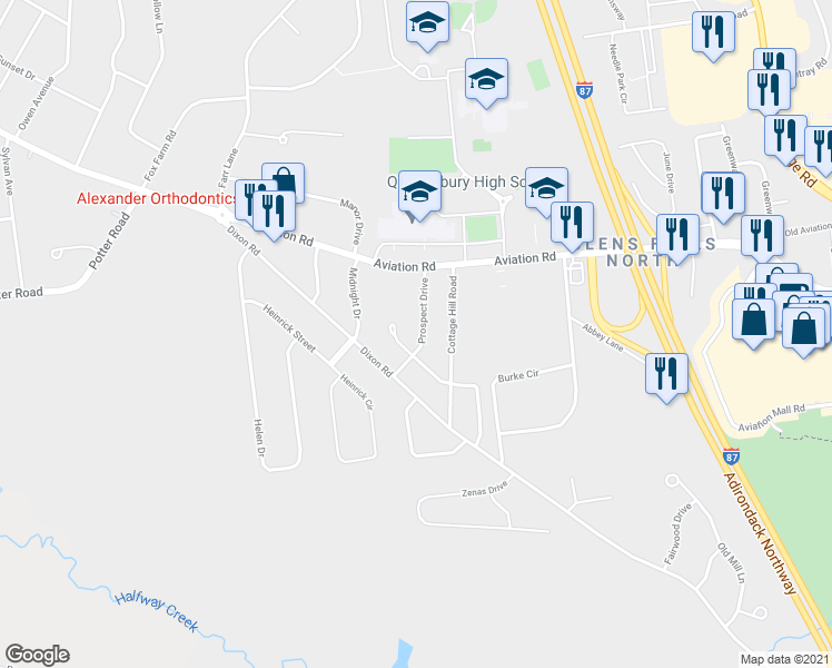map of restaurants, bars, coffee shops, grocery stores, and more near 21 Prospect Drive in Queensbury