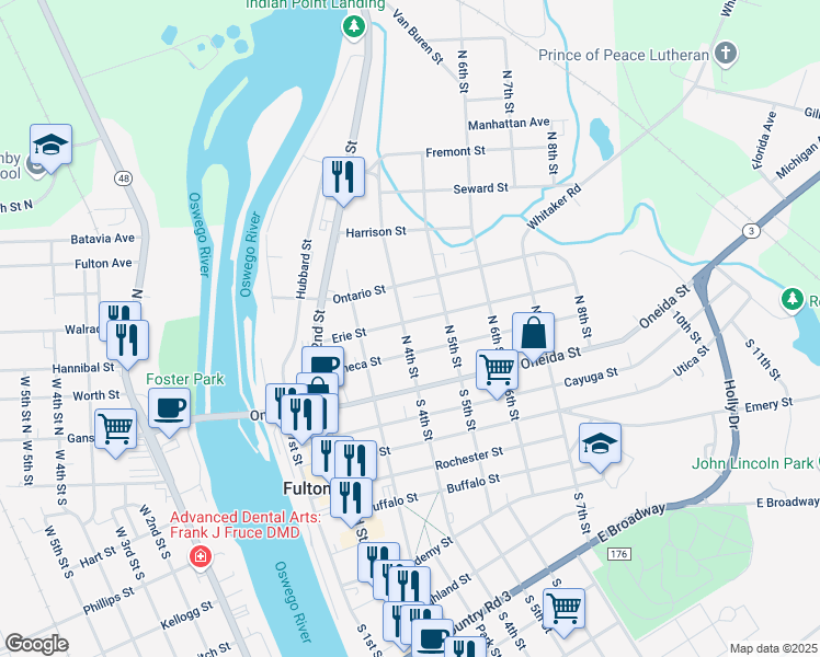map of restaurants, bars, coffee shops, grocery stores, and more near 404 Erie Street in Fulton